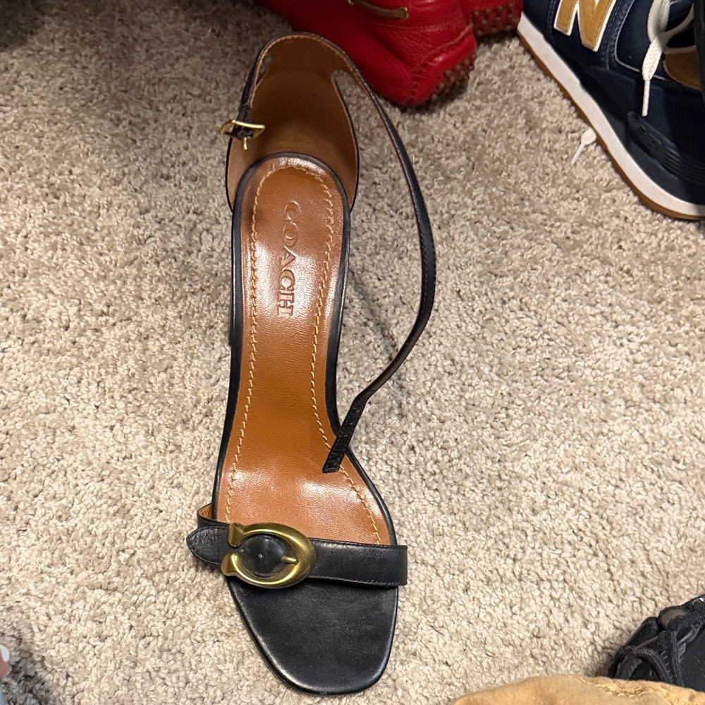 Coach Black Leather Open-Toe Ankle-Strap Block Heel with Gold Accent
